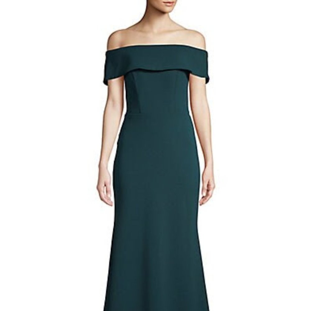 Betsy & Adam Off-Shoulder Ruffle Scuba Knit Gown
